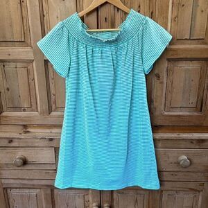 Vineyard Vines Small Dress Teal White Stripe Off the Shoulder Gathered‎